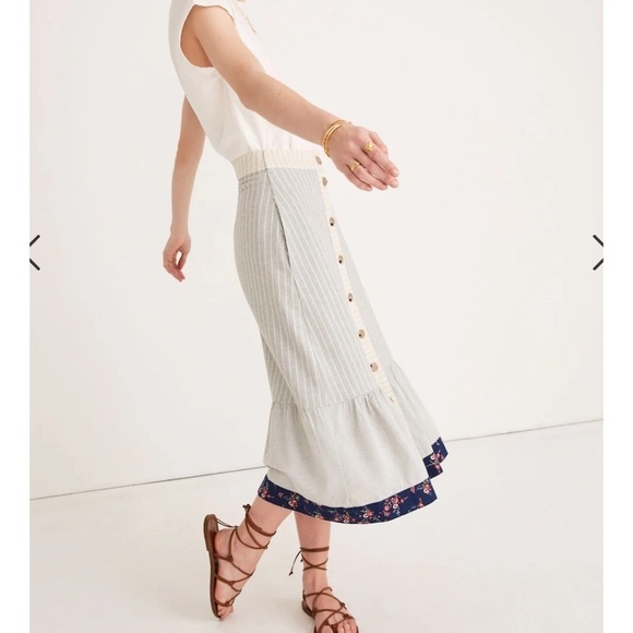 Madewell x The New Denim Project Patchwork Stripe Midi Skirt Sz 6 Beige Blue - Picture 3 of 16
